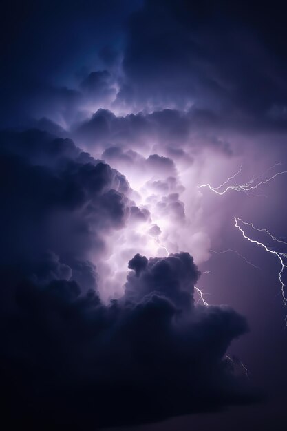 Los relámpagos iluminan el cielo con un cielo morado y nubes moradas.