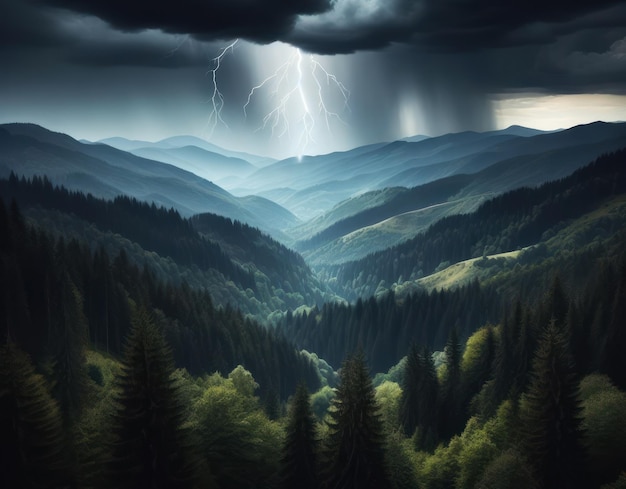 Relámpagos y lluvia sobre montañas boscosas generadas por IA