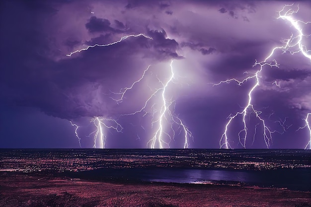 Relámpagos y nubes de tormenta en el cielo oscuro tormenta dramática en la naturaleza ilustración digital