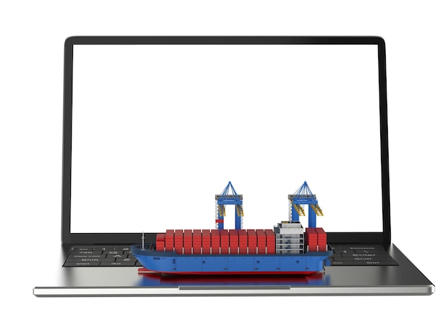 Relatório de negócios logísticos com navio de carga ou embarcação e contêineres no laptop
