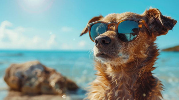 Foto relaxa-te com este cão com óculos de sol a desfrutar de um dia ensolarado à beira-mar.