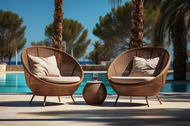 Relaxação à beira da piscina Cadeiras de vime em estilo Foto de estoque