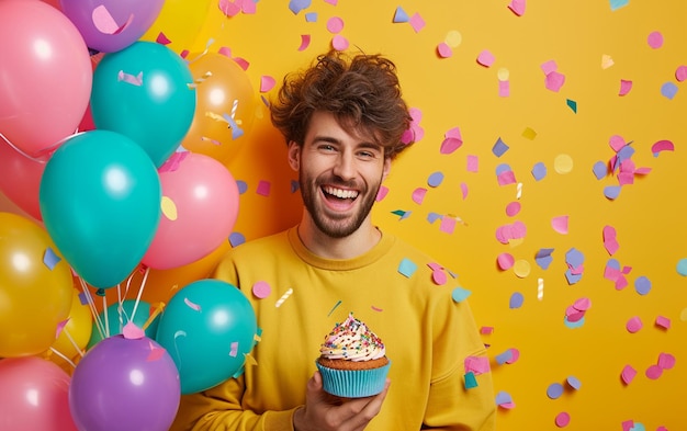 Relaxado feliz aniversário cara olhando alegre sorrindo segurando um bolo de aniversário e balões