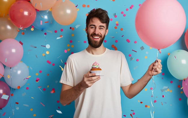 Relaxado feliz aniversário cara olhando alegre sorrindo segurando um bolo de aniversário e balões