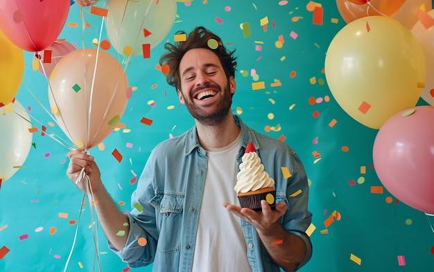 Foto relaxado feliz aniversário cara olhando alegre sorrindo segurando um bolo de aniversário e balões