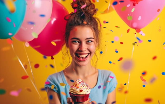 Foto relaxado feliz aniversário mulheres olhando alegre sorrindo segurando um bolo de aniversário e balões