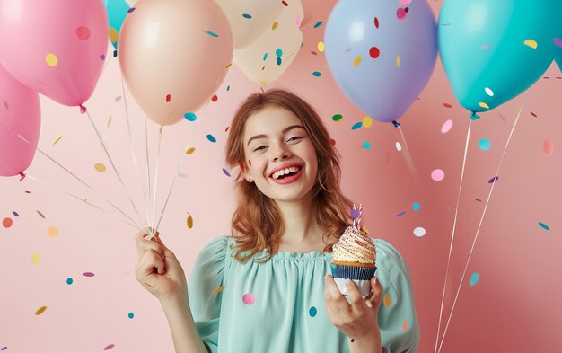 Relaxado feliz aniversário Mulheres olhando alegre sorrindo segurando um bolo de aniversário e balões