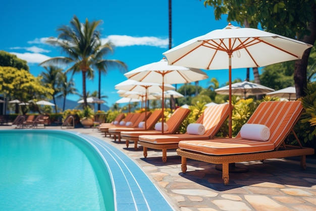 Relaxamento à beira da piscina Cadeiras com guarda-sol criam um oásis confortável ao redor da piscina