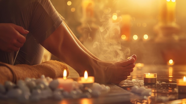 Foto relaxamento de spa de luxo com velas aromáticas e ambiente tranquilo perfeito para promoções de bem-estar e autocuidado