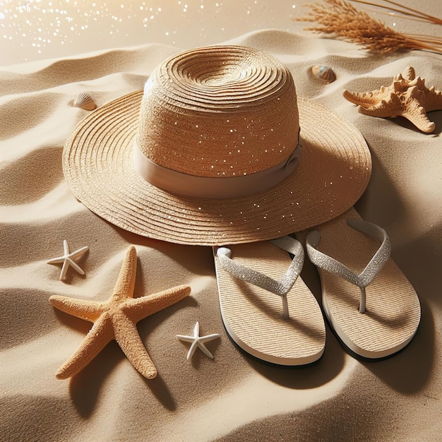 Relaxamento na praia ensolarada Um chapéu, chinelos e estrela-do-mar