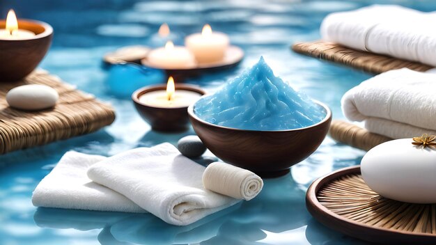 Foto relaxamento toalha azul creme pedras velas água fundo cópia espaço spa apresentação r