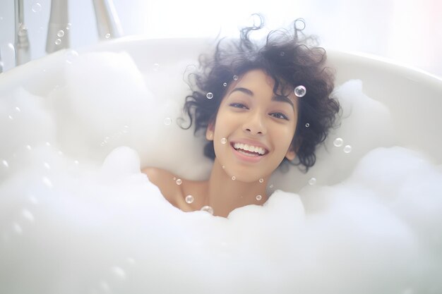 Foto relaxando em um banho de bolhas mulher desfrutando de bolhas em uma banheira para uma experiência relaxante e refrescante