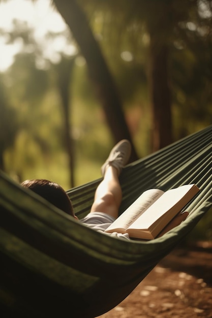 Foto relaxando na rede pessoa lendo um livro