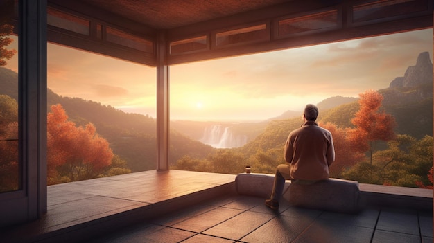 Relaxando no esplendor da natureza Um homem admirando o pôr do sol em uma varanda na montanha