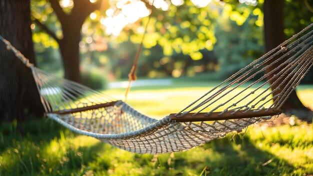 Relaxando numa hamaca num belo dia o sol está a brilhar entre as árvores e os pássaros estão a cantar