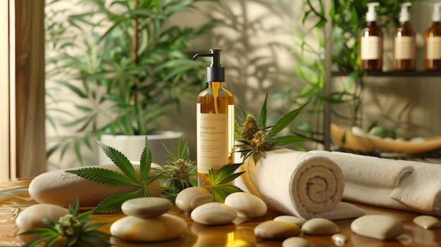 Relaxante ambiente de spa com toalhas de garrafa de óleo de massagem com infusão de cannabis e pedras lisas para bem-estar