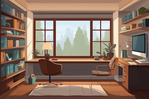 Foto relaxante escritório doméstico confortável assento de janela design vetorial plano