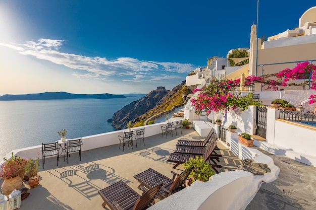 Relaxante vista romântica com arquitetura branca flor Santorini Grécia caldeira vista sobre o mar azul