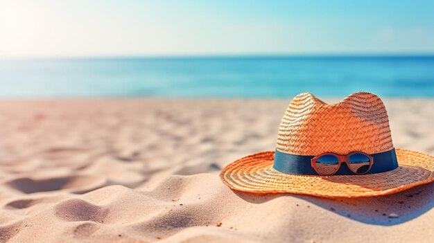 Relaxantes vibrações de praia com chapéu arrafado e óculos de sol Uma criação de IA generativa