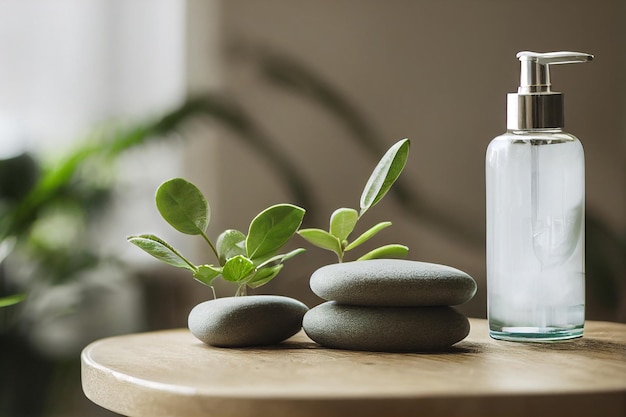 Relaxar composição massagem pedra bomba branca garrafa de loção planta verde na mesa de madeira de pinho spa limpo