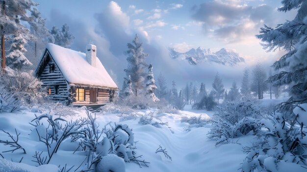 Foto relaxe num refúgio de inverno de sonho com uma encantadora paisagem coberta de neve e uma trilha sonora de