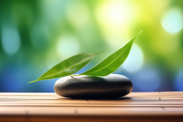 Relaxe pedra zen em terraço de madeira com folhas de bambu imagem gerada por IA