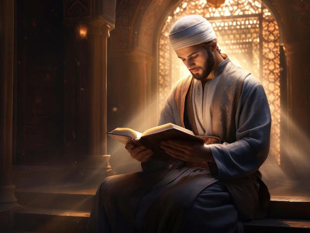 Religiöser bärtiger asiatischer muslimischer Mann, der Koran in der Moschee liest