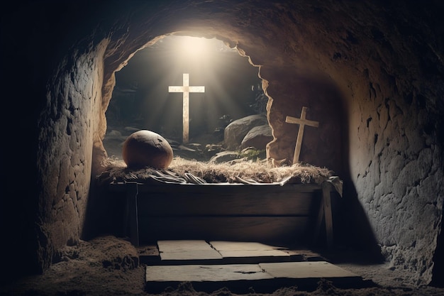 Religiöser Osterhintergrund. Ausgang aus der Höhle in Form eines Kreuzes