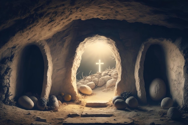 Religiöser Osterhintergrund. Ausgang aus der Höhle in Form eines Kreuzes