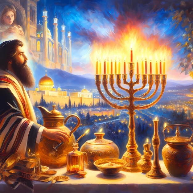 Foto religiöses bild von hanukkah-ölwunderhintergrund mit menora traditionellen kandelabern