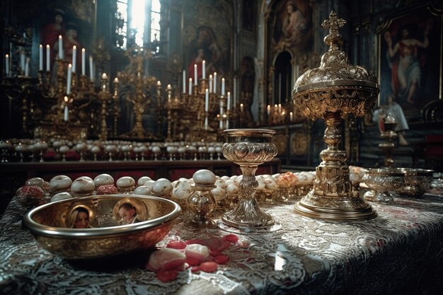 Religiöses Fest Fronleichnam Heiliges Abendmahl in der Kirche Heiliger Priester Feiern Messe in der Kirche Kelch mit Rotweinbrot Eucharistie Christlich-Katholisch betet Heiligen Gral