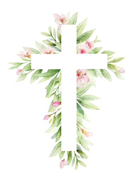 Foto religiöses kreuz mit viel grün und blumen. katholisches religiöses symbol für ostern