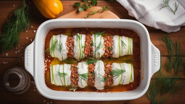 Relleno de carne de canelones de calabacín al horno