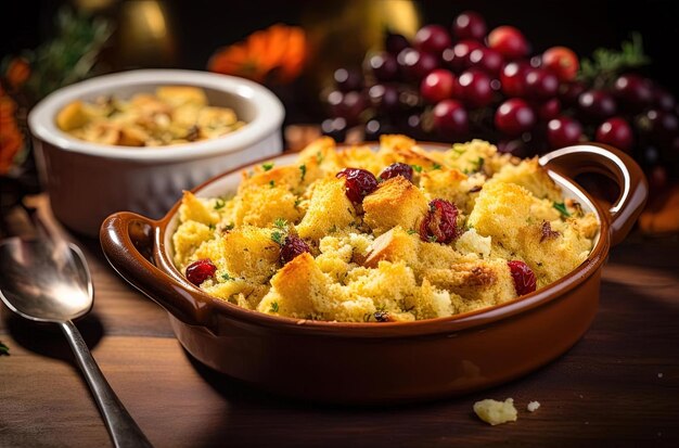 relleno de mantequilla marrón con mezcla de pan de maíz, queso cheddar blanco y arándanos