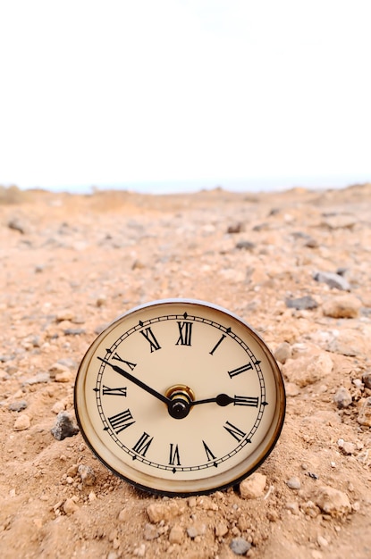 Relógio analógico clássico na areia no deserto de rock