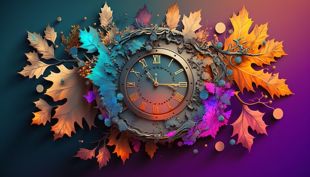 Relógio colorido caprichoso com galhos de árvores e folhas