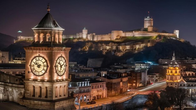 Foto relógio da cidade e fortaleza de narikala tbilisi geórgia