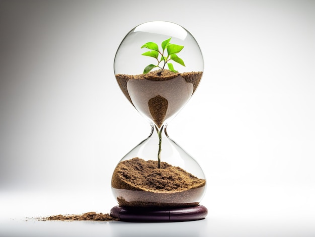 Foto relógio de areia com planta dentro do tempo e crescimento isolado em fundo branco gerado por ia