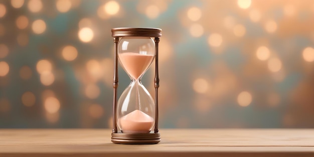 Relógio de areia em mesa de madeira e fundo de luz bokeh A contagem regressiva começa Conceito de gerenciamento de tempo