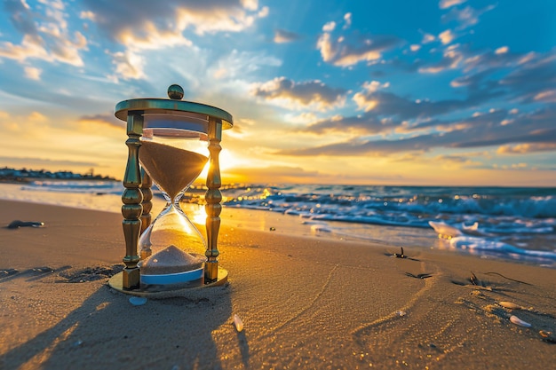 Relógio de areia em Sandy Beach ao pôr do sol com IA gerada