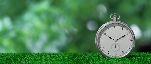 Relógio de bolso isolado na grama verde e fundo abstrato verde cópia espaço ilustração 3d