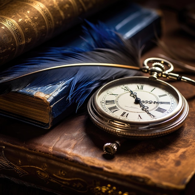 Relógio de bolso vintage com livros antigos sugerindo tema histórico ou educacional