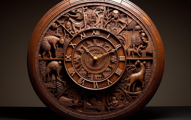 Relógio de madeira esculpido tece histórias a cada carrapato