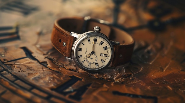 Relógio de pulso clássico em mesa de madeira vintage
