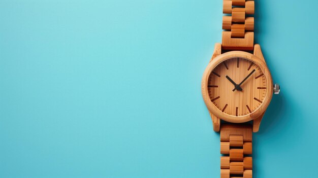 Relógio de pulso de madeira com fundo azul