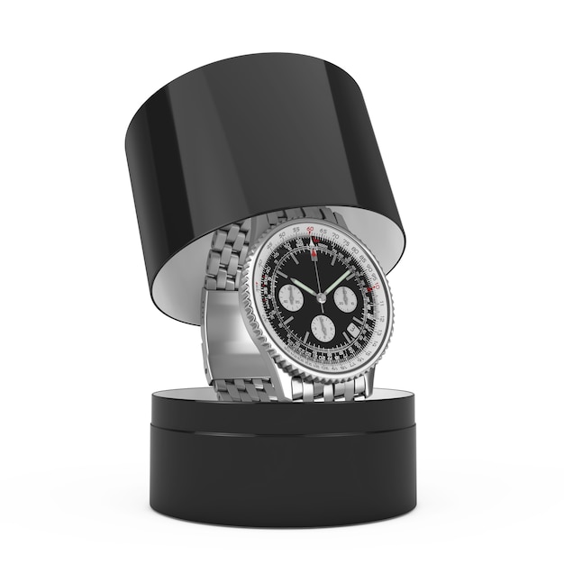 Relógio de pulso de prata clássico de luxo analógico masculino com caixa de presente em um fundo branco. Renderização 3D