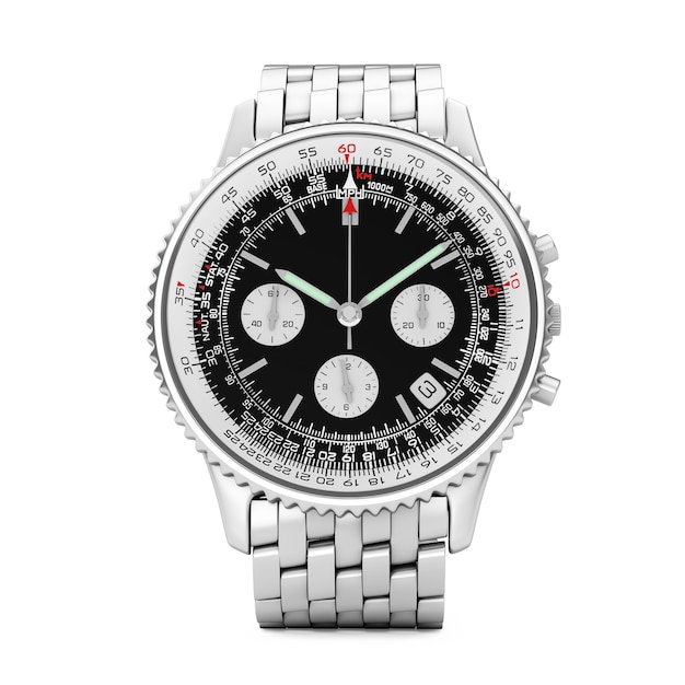 Relógio de pulso de prata de luxo clássico analógico masculino em um fundo branco. Renderização 3D
