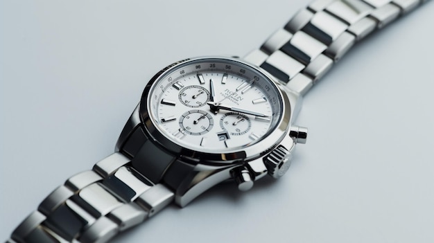 Relógio de pulso elegante com pulseira de prata e mostrador branco com características de cronógrafo em um fundo leve