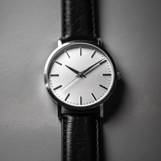 Relógio de pulso masculino com pulseira de couro preta sobre fundo cinza