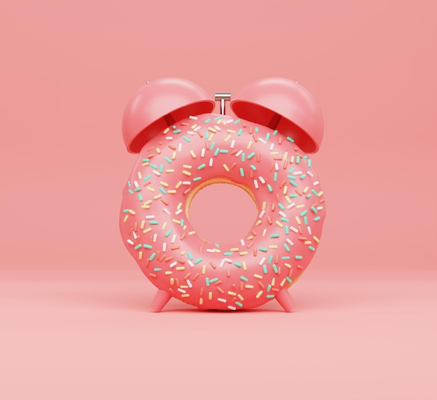 Relógio de rosquinha rosa de ilustração 3d em fundo rosa